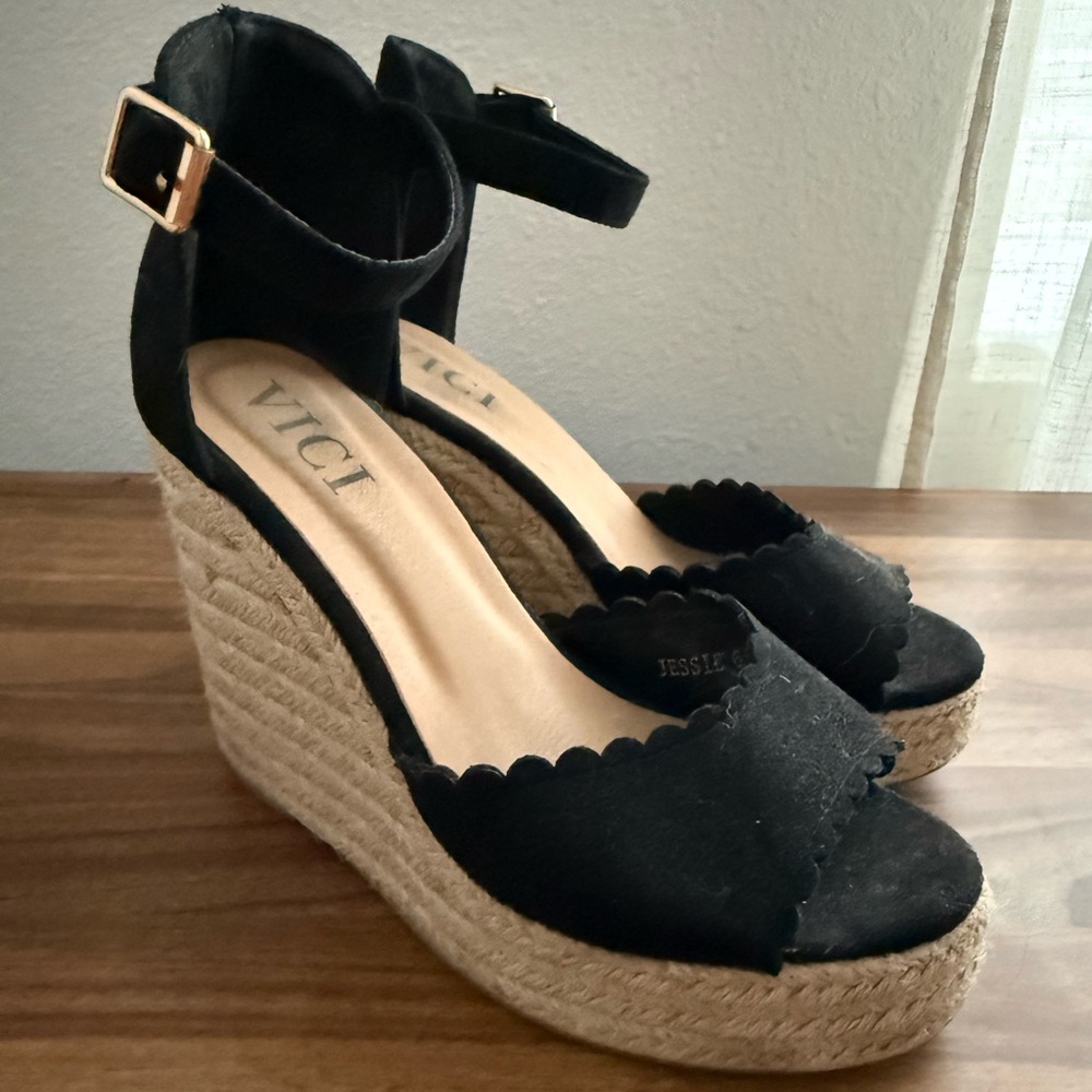 Black Suede Ankle Strap Espadrilles Size 6.5
